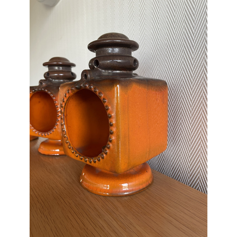 Bougeoirs vintage en céramique orange 70s