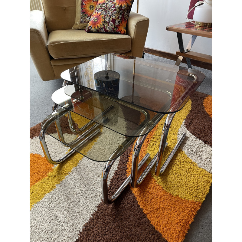 Tables gigognes en verre fumé et métal chromé, vintage 70s