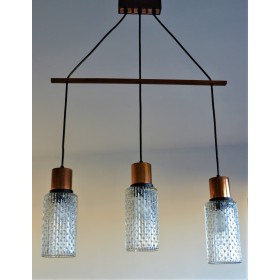 Suspension Scandinave 3 feux verre et teck - vintage 60 70