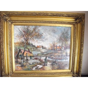 Tableau peinture Claude Dumont "En regardant les péniches"