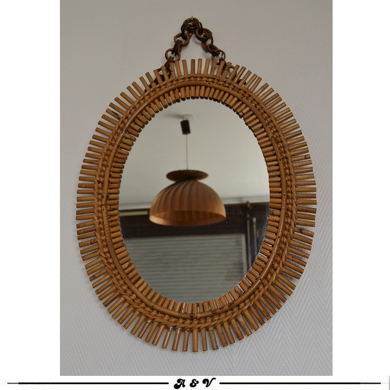 Miroir ovale vintage en rotin soleil, Italie, 1960