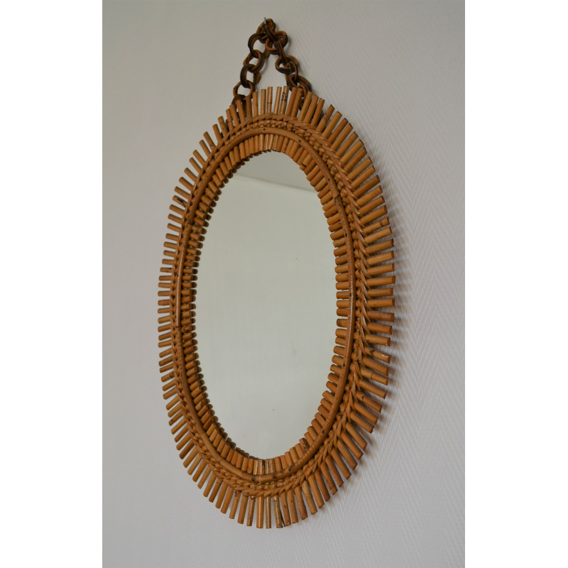 Miroir ovale vintage en rotin soleil, Italie, 1960