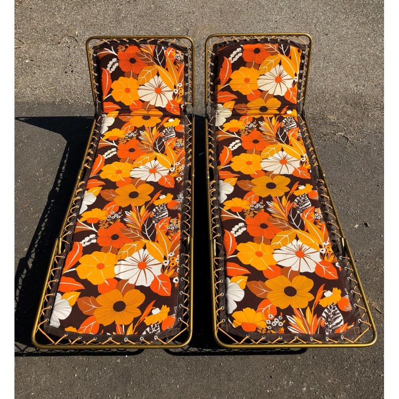 Lot de 2 bains de soleil transat Lafuma vintage à fleurs 1970