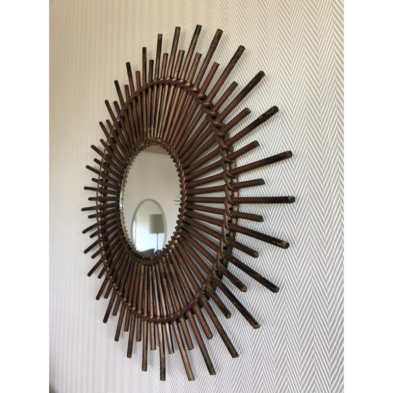 Miroir soleil en rotin - vintage 70