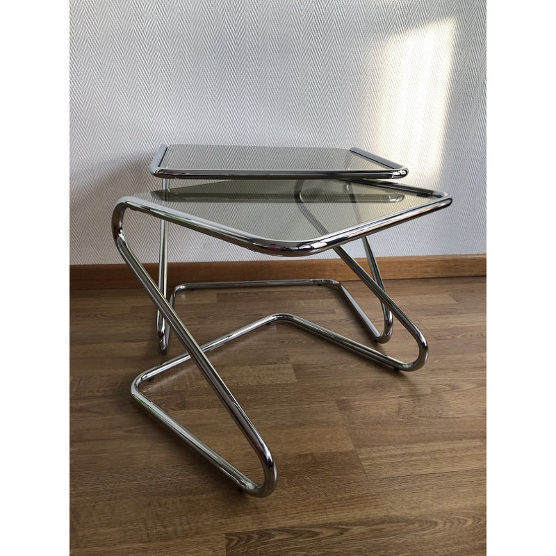 Tables gigognes vintage chrome et verres fumés - Italy 1970