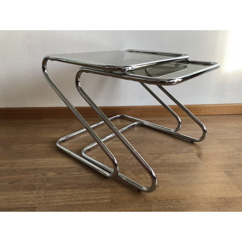 Tables gigognes vintage chrome et verres fumés - Italy 1970